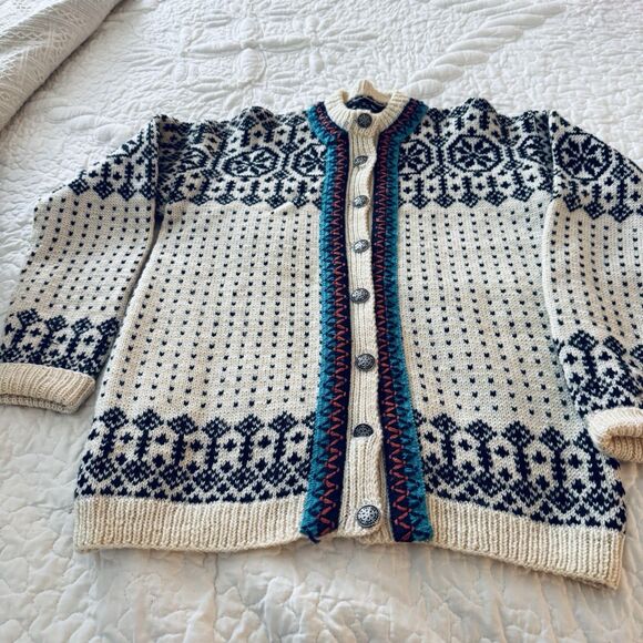 1940-50 Norwegian Wool Cardigan Sm Black White Med  Turquoises Braid Trim - Picture 1 of 8
